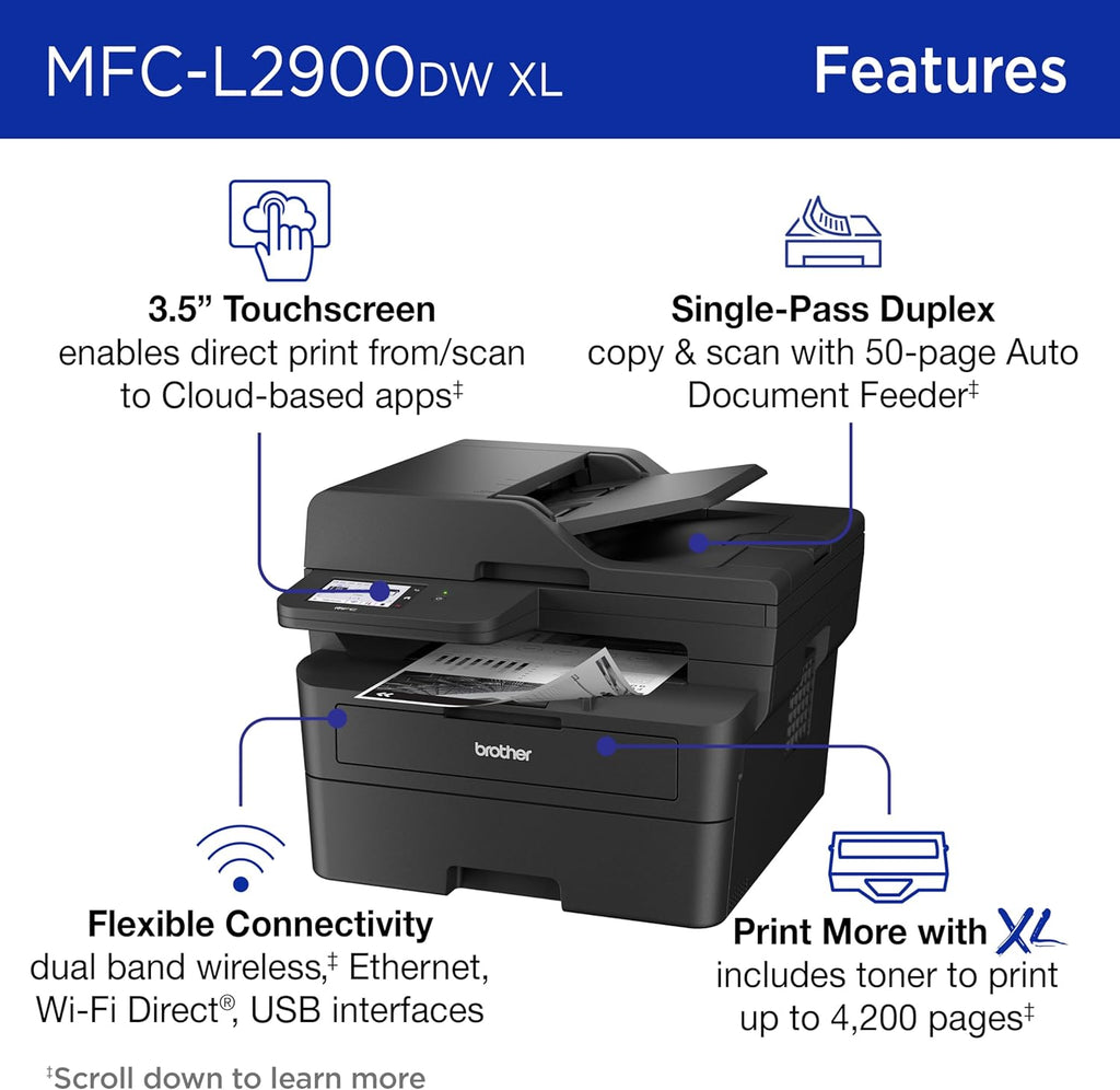 Brother MFC-L2900DW XL Wireless Compact Monochrome All-in-One Laser Printer with Duplex Copy & Scan, Fax, Black & White | Up to 4,200 Pages of Toner Included(1), Amazon Dash Replenishment Ready