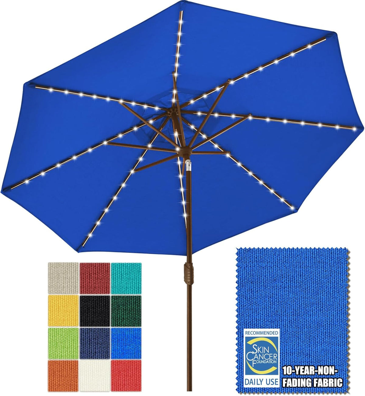 EliteShade USA 10-Year-Non-Fading 9ft Market Patio Umbrella, Commercial Grade Table Sun Umbrella with 80 Solar LED Lights, Crank Open, Windproof & UPF 50+ UV Protection for Garden, Deck, Pool, Backyard, Royal Blue