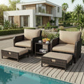 LEVELEVE Patio Conversation Set 5 Piece, Balcony Furniture Outdoor PE Rattan Wicker Lounge Chairs with Soft Cushions, 2 Ottomans & Glass Table for Porch Lawn, Brown (Khaki Cushions