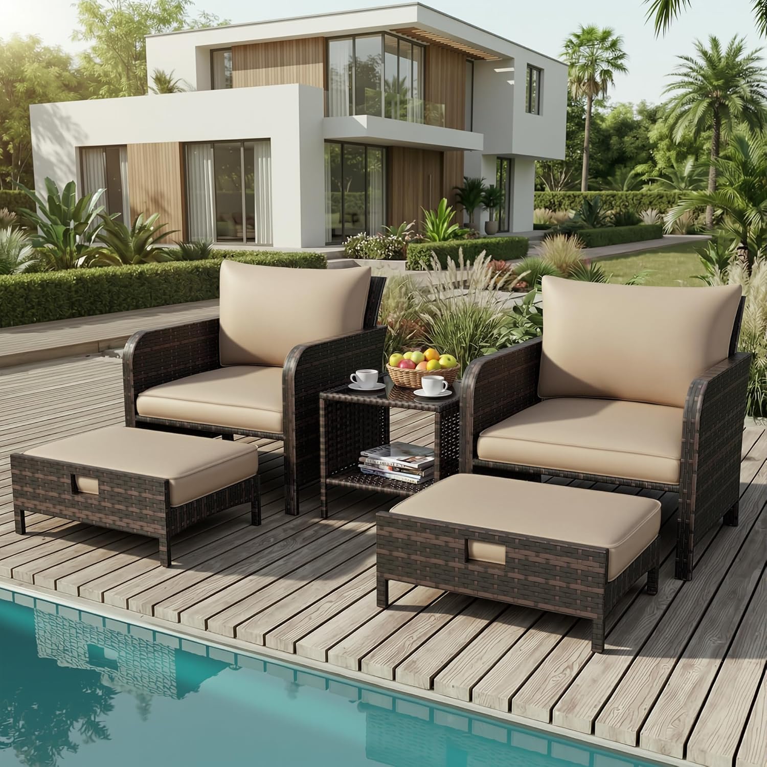 LEVELEVE Patio Conversation Set 5 Piece, Balcony Furniture Outdoor PE Rattan Wicker Lounge Chairs with Soft Cushions, 2 Ottomans & Glass Table for Porch Lawn, Brown (Khaki Cushions
