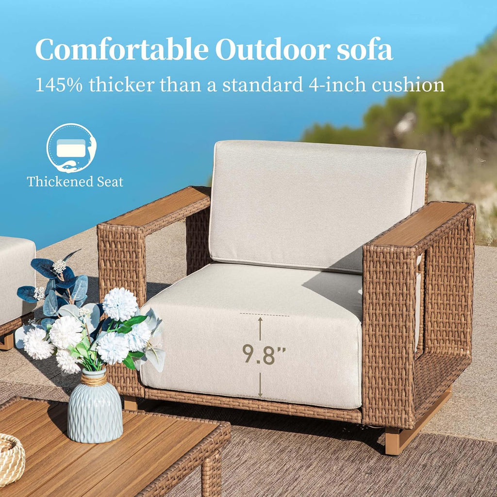 SUNSHINE VALLEY L Shaped Patio Furniture, Outdoor Sectional Sofa with 10''Ultra-Thick Cushions, Yellow Rattan Wicker Patio Conversation Set, Low Profile Lawn Garden Backyard Furniture