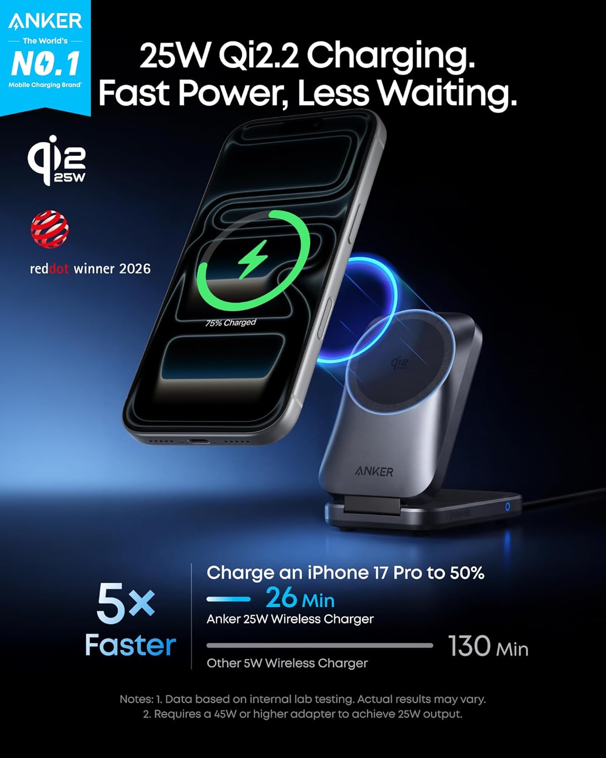 Anker Prime 3-in-1 Charging Station, AirCool Wireless Charger, 25W Qi2.2-Certified Palm-Sized Foldable MagSafe Charger Compatible with iPhone 17, Apple Watch, AirPods (Non-Battery, with Adapter)