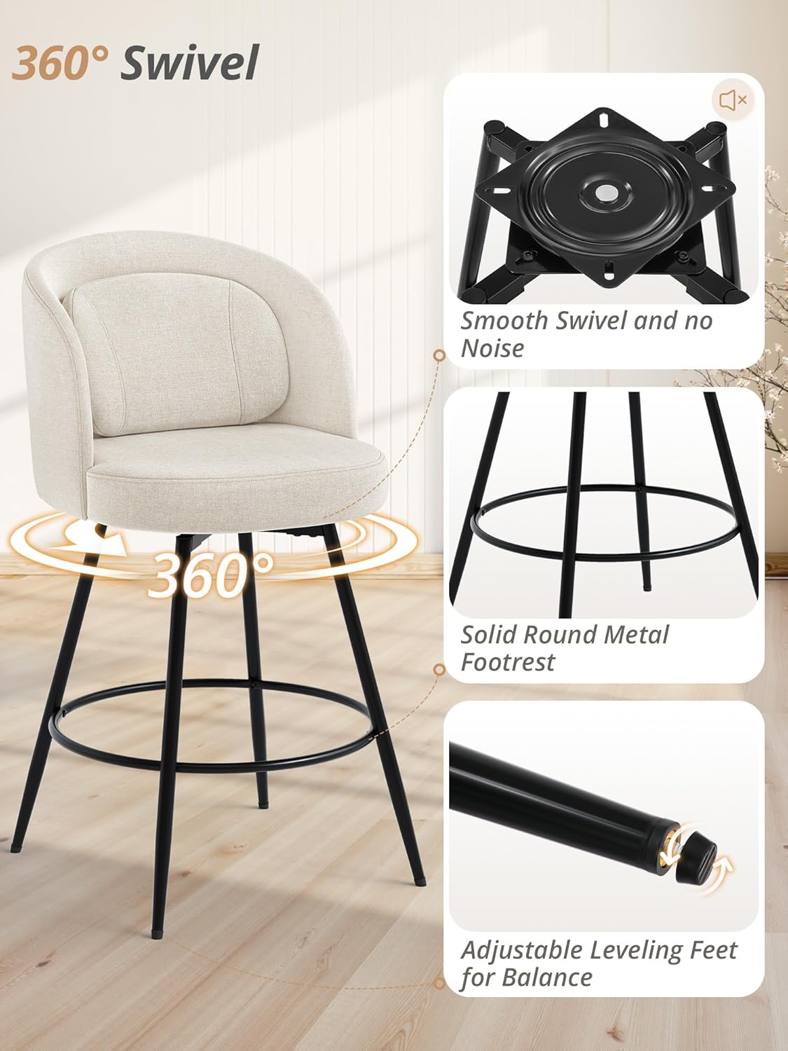 LUE BONA 26''H Swivel Bar Stools Set of 3, Counter Height Bar Stools with Backs, Lumbar Pillow and Black Metal Frames, Upholstered Modern Barstools for Kitchen Island, Linen Farbic, Linen Color