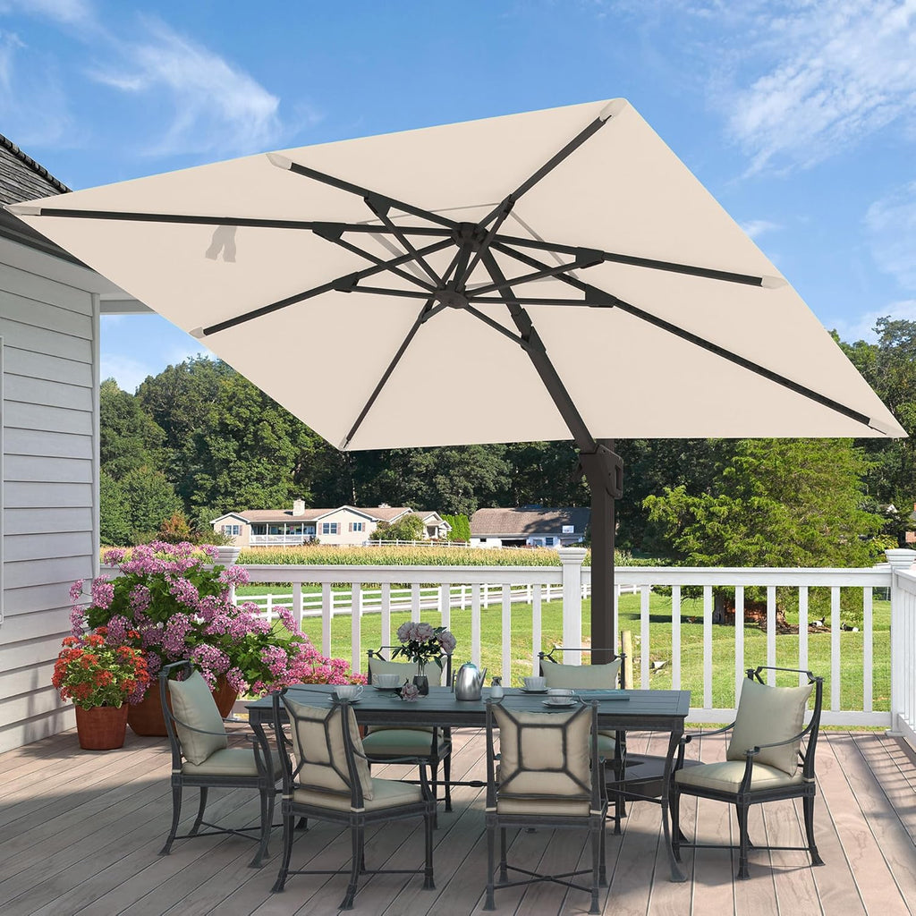 9' X 12' Cantilever Patio Umbrella with Base Included Rectangular Outdoor Large Offset Umbrellas with 7 Tilts Adjustable 360°Rotation for Deck Pool Garden Backyard, Beige