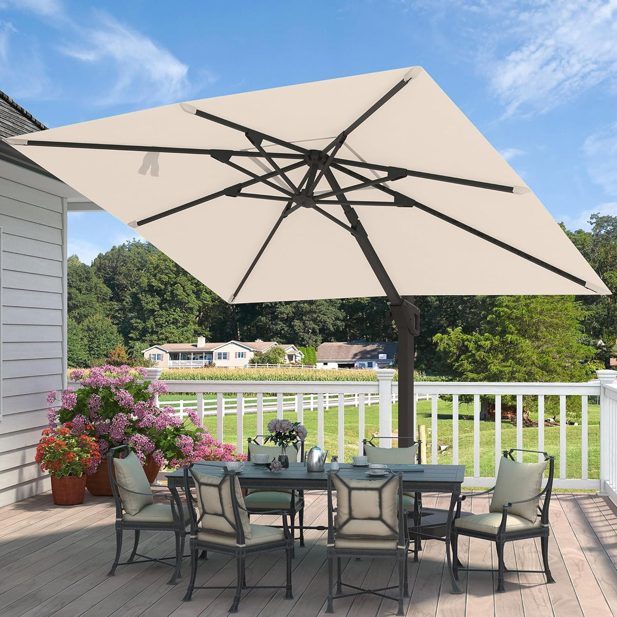 9' X 12' Cantilever Patio Umbrella with Base Included Rectangular Outdoor Large Offset Umbrellas with 7 Tilts Adjustable 360°Rotation for Deck Pool Garden Backyard, Beige
