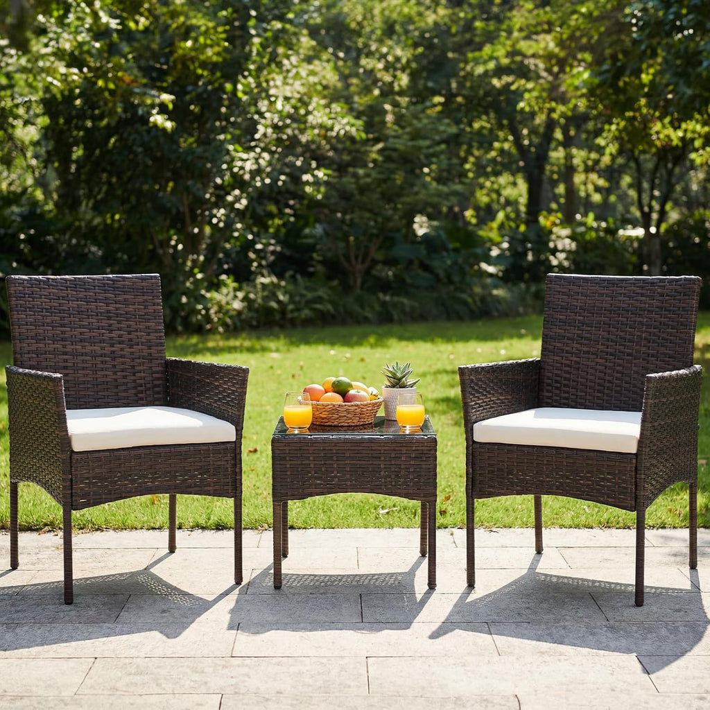 DUMOS 3 Piece Patio Furniture Set, All-Weather Outdoor Wicker Chairs with Removable Cushions & Tempered Glass Table, Small Bistro Set for Porch, Balcony, Lawn, Backyard, Brown