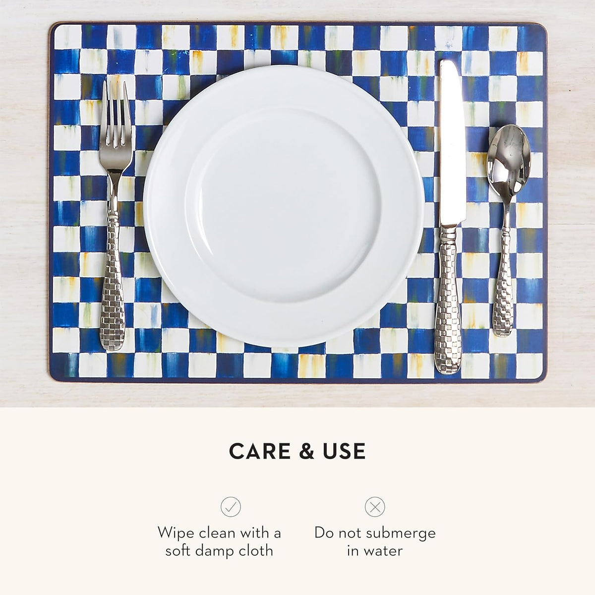 MACKENZIE-CHILDS Set of 4 Cork-Back Placemats, Hard-Finish Table Mats, Blue-and-White Royal Check