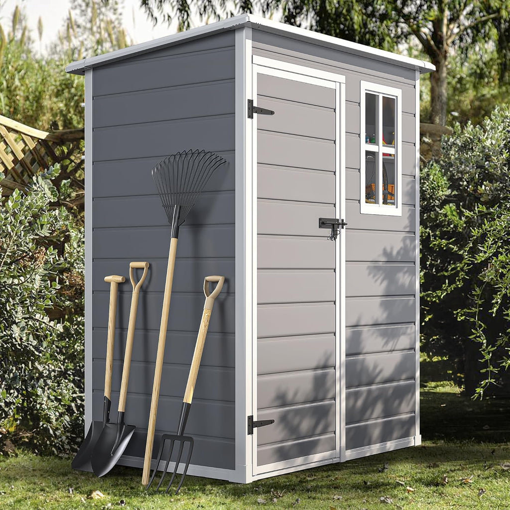 DWVO 5x3 FT Outdoor Storage Shed with Floor, All-Weather Resin Storage Shed with Window & Lockable Door, Waterproof Plastic Tool Storage for Garden Patio, Gray