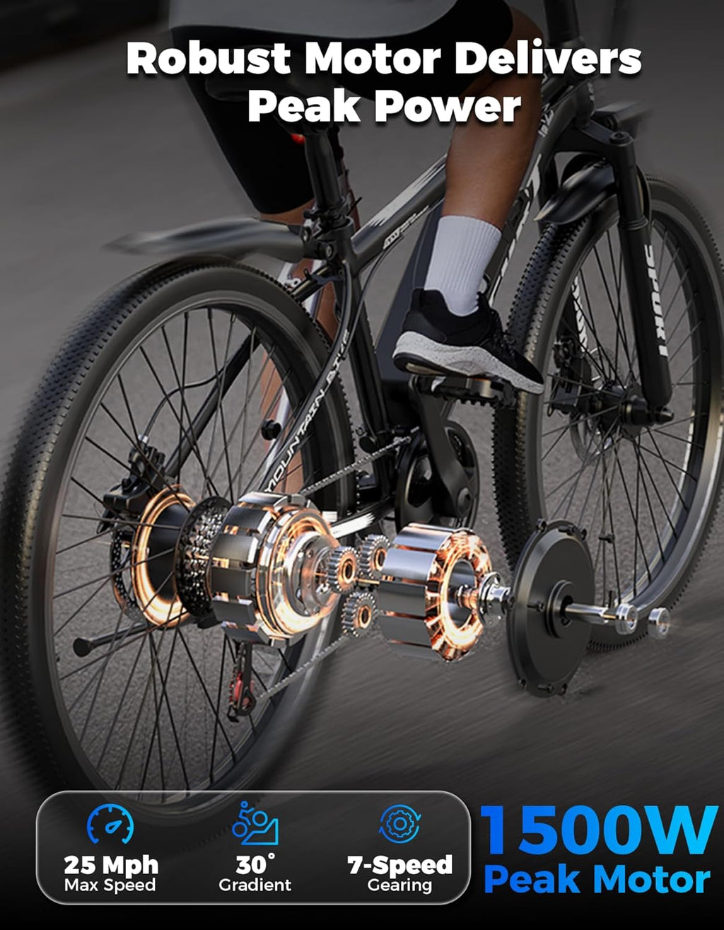 ASKGO Electric Bike for Adults, 1500W Peak Mountain Ebike with 25 MPH, 65 Miles Range, 7 Speeds, 48V 10.4Ah Removable Battery Ebike, 26" Electric Bicycle for Commute