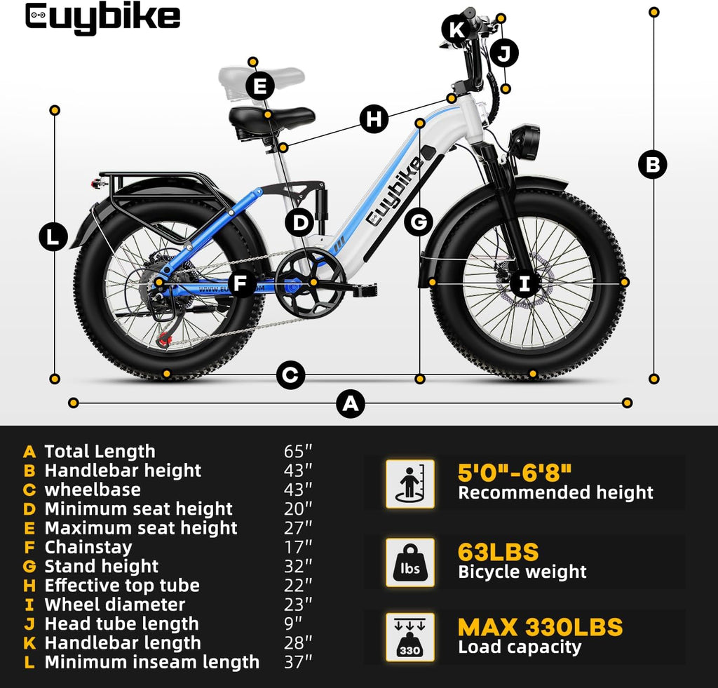 EUYBIKE Electric Bike for Adults 1400W Peak, 48V 20AH(960WH) Removable Battery, 20"x4" Fat Tire Full Suspension 80 Miles Range Step-Thru Hunting Ebike, 7-Speed Dual Brakes Electric Bicycle
