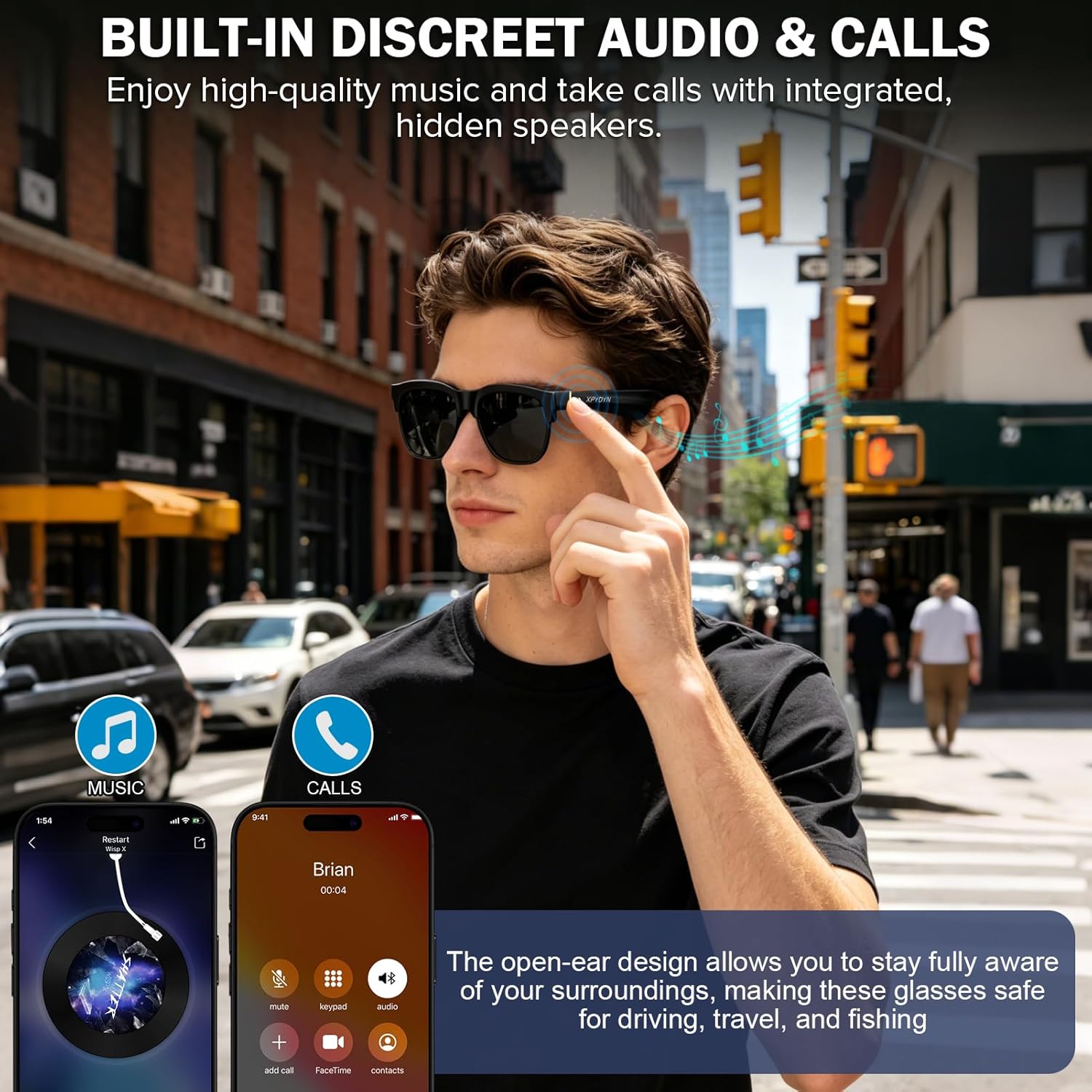 Smart Bluetooth Sunglasses with Electrochromic Lenses, Multi-Level Tint Control for Driving, Travel, Fishing, Daily Use, Open-Ear Audio Speakers, Bluetooth 5.4, Unisex High Tech Gift