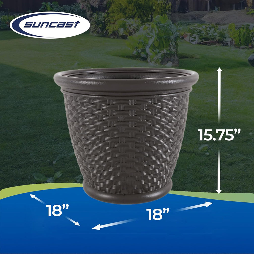 Suncast 4 Pack Sonora 18 Inch Lightweight Durable Plastic Wicker Decorative Flower Planter Pot for Yard, Garden, Indoor or Outdoor Use, Brown