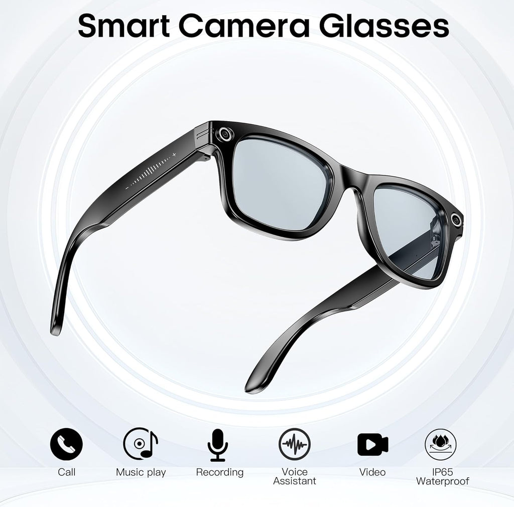 AI Smart Camera Glasses for Men Women, 4K Photography,1080P HD Video Recording,Real-Time Translation, Open-Ear Audio,Voice Assistant, Lightweight (Black Frame-Black Lens)