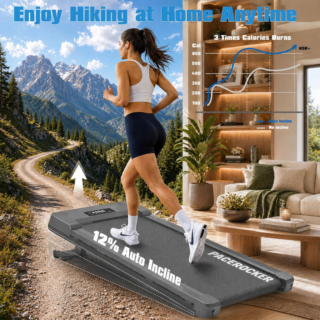 PACEROCKER Walking Pad Treadmill with 12% 9-Level Auto Incline, 450 lbs Capacity Bluetooth Speaker Under Desk Treadmills for Home Hiking, 5 MPH