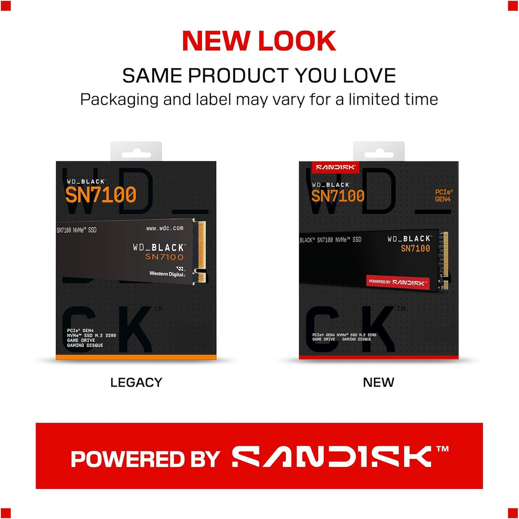 WD_Black SN7100 1TB NVMe SSD - Gen4 PCIe, M.2 2280, Up to 7,250 MB/s Read Speed, Up to 6,900 MB/s Write Speed, Next Gen TLC 3D NAND, for Laptops, Handheld Gaming Devices - WDS100T4X0E