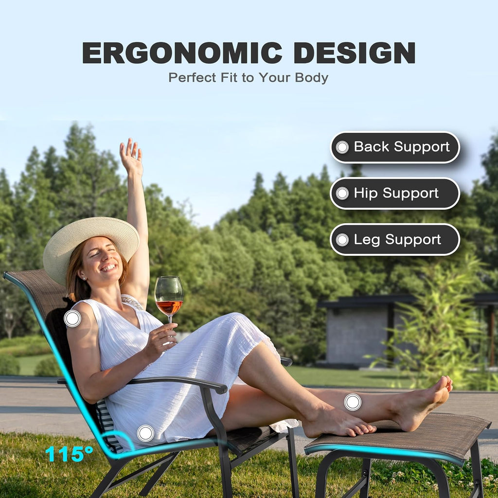 NUU GARDEN Patio Chaise Lounge Set of 3, 2 Textilene Patio Lounge Chairs with Ottoman and 1 Slatted Side Table, All-Weather Outdoor Set for Balcony Deck Yard Poolside, Black and Brown