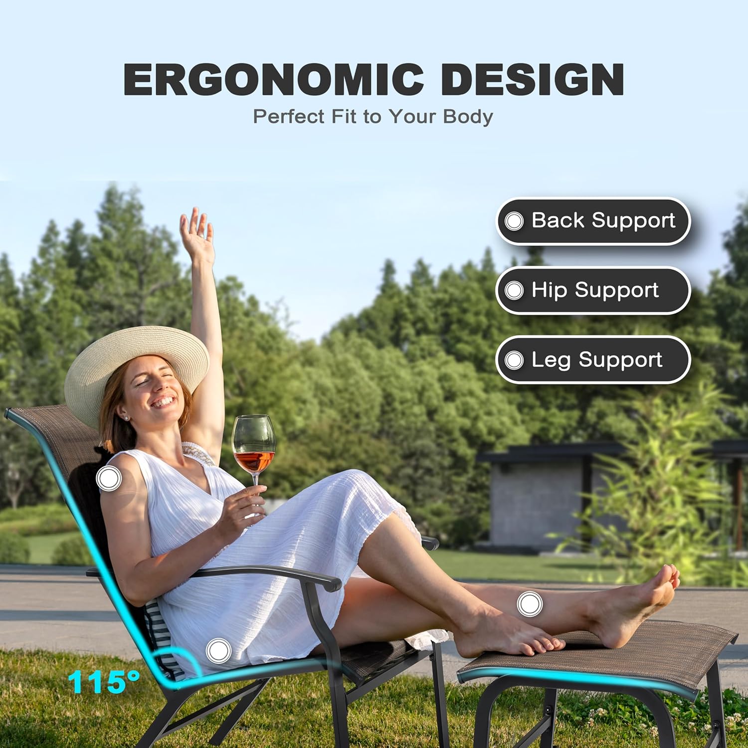 NUU GARDEN Patio Chaise Lounge Set of 3, 2 Textilene Patio Lounge Chairs with Ottoman and 1 Slatted Side Table, All-Weather Outdoor Set for Balcony Deck Yard Poolside, Black and Brown