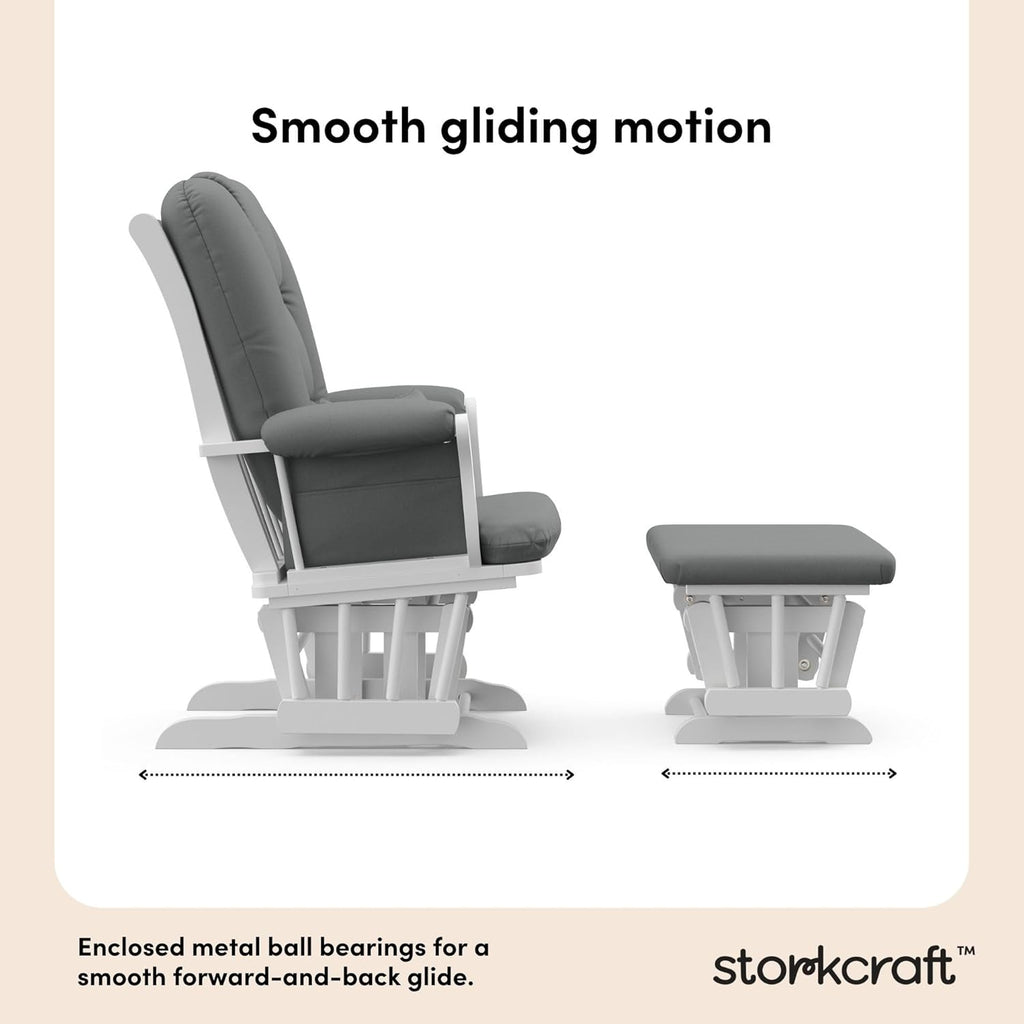 Storkcraft Tuscany Custom Glider and Ottoman with Free Lumbar Pillow (White/Grey) - Cleanable Upholstered Comfort Rocking Nursery Chair with Ottoman