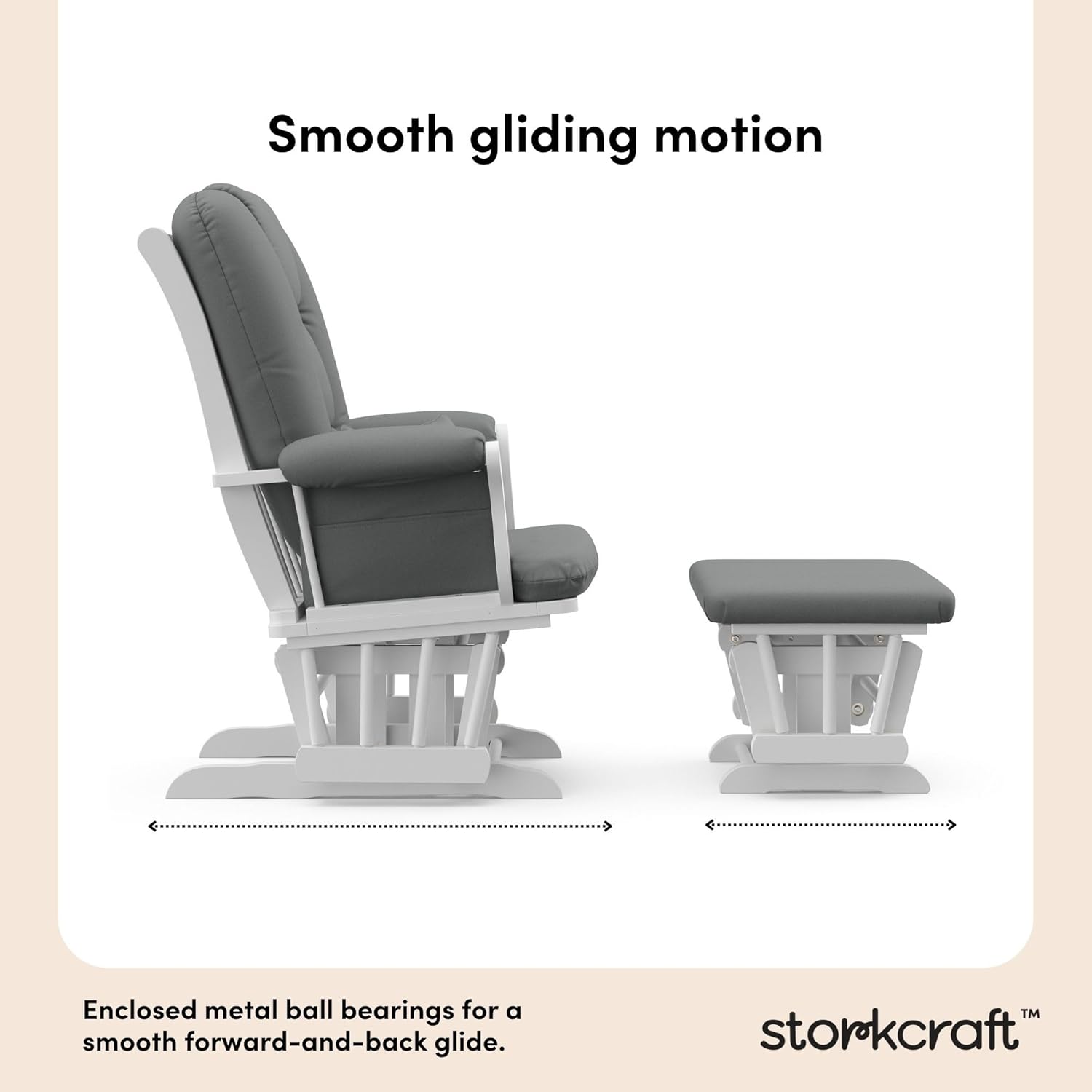 Storkcraft Tuscany Custom Glider and Ottoman with Free Lumbar Pillow (White/Grey) - Cleanable Upholstered Comfort Rocking Nursery Chair with Ottoman