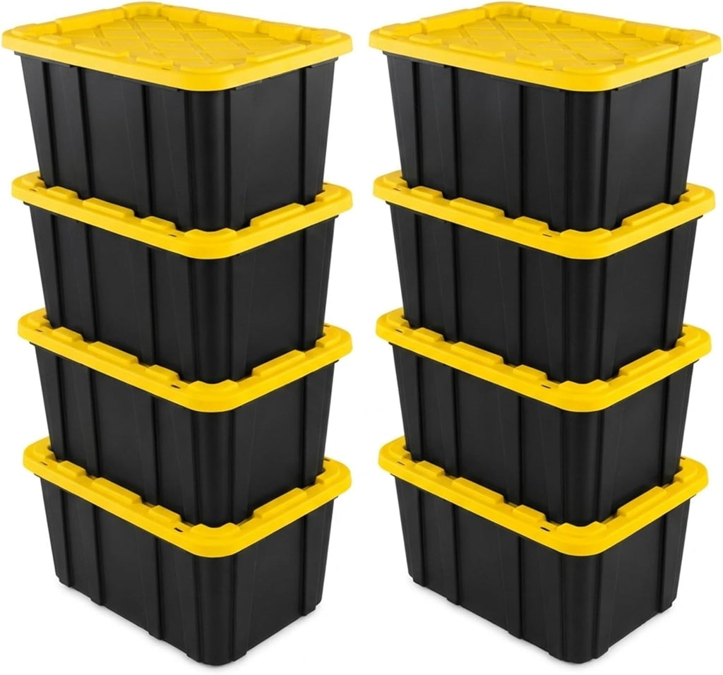 Sterilite 8-Pack 27 Gallon Industrial Storage Tote, Heavy-Duty Plastic Bins, Black/Yellow - Stackable Utility Organizers with Lids for Garage, Camping Tools, and Outdoor Gear