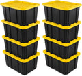 Sterilite 8-Pack 27 Gallon Industrial Storage Tote, Heavy-Duty Plastic Bins, Black/Yellow - Stackable Utility Organizers with Lids for Garage, Camping Tools, and Outdoor Gear