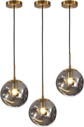 BOKT Globe Pendant Light Set of 3 Light Brushed Brass Round Ceiling Pendant Light with Smokey Gray Irregular Hanging Light 3 Pack Retro Chandelier Light Fixtures for Kitchen Island Dining Room