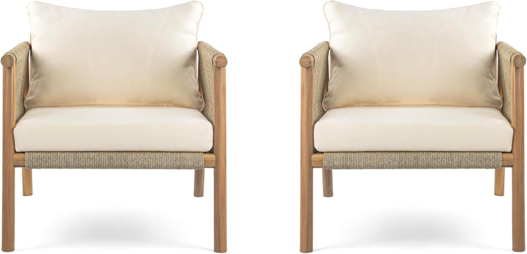 Christopher Knight Home Posey Acacia Wood Lounge Chair Outdoor Set of 2 with Removable Cushion, Solid Wood Patio Accent Chair, Patio Furniture Set Sofa Chair, Teak+Beige