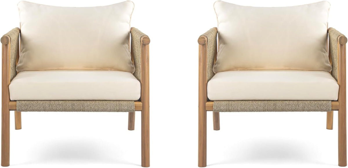 Christopher Knight Home Posey Acacia Wood Lounge Chair Outdoor Set of 2 with Removable Cushion, Solid Wood Patio Accent Chair, Patio Furniture Set Sofa Chair, Teak+Beige