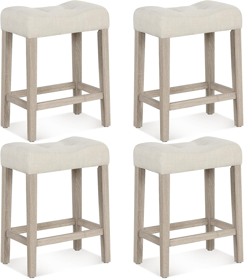 Giantex 24" Bar Stools Set of 4, Upholstered Counter Height Saddle Bar Stools with Footrest and Wood Legs, Farmhouse Button Tufted Backless Barstools for Kitchen Island, Dining Room, Cafe, Beige