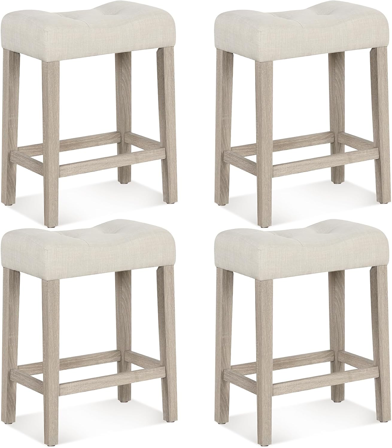 Giantex 24" Bar Stools Set of 4, Upholstered Counter Height Saddle Bar Stools with Footrest and Wood Legs, Farmhouse Button Tufted Backless Barstools for Kitchen Island, Dining Room, Cafe, Beige