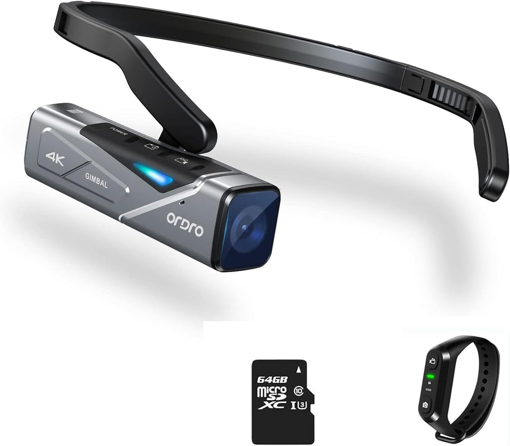 ORDRO EP7 4K Video Camera, Head Mounted Camera Vlog Camcorder, 4K 60FPS Wearable Vlogging Camera with 64G Micro Card, Build-in 1000mAh Rechargeable Battery