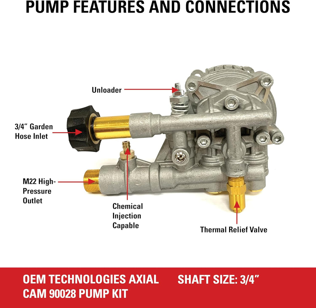 OEM Technologies 3300 PSI 2.4 GPM Replacement Pressure Washer Pump Kit, Horizontal Axial Cam Replacement Pump for Gas Pressure Washer, 3/4" Shaft, Includes Hardware and Siphon Tube (90028)