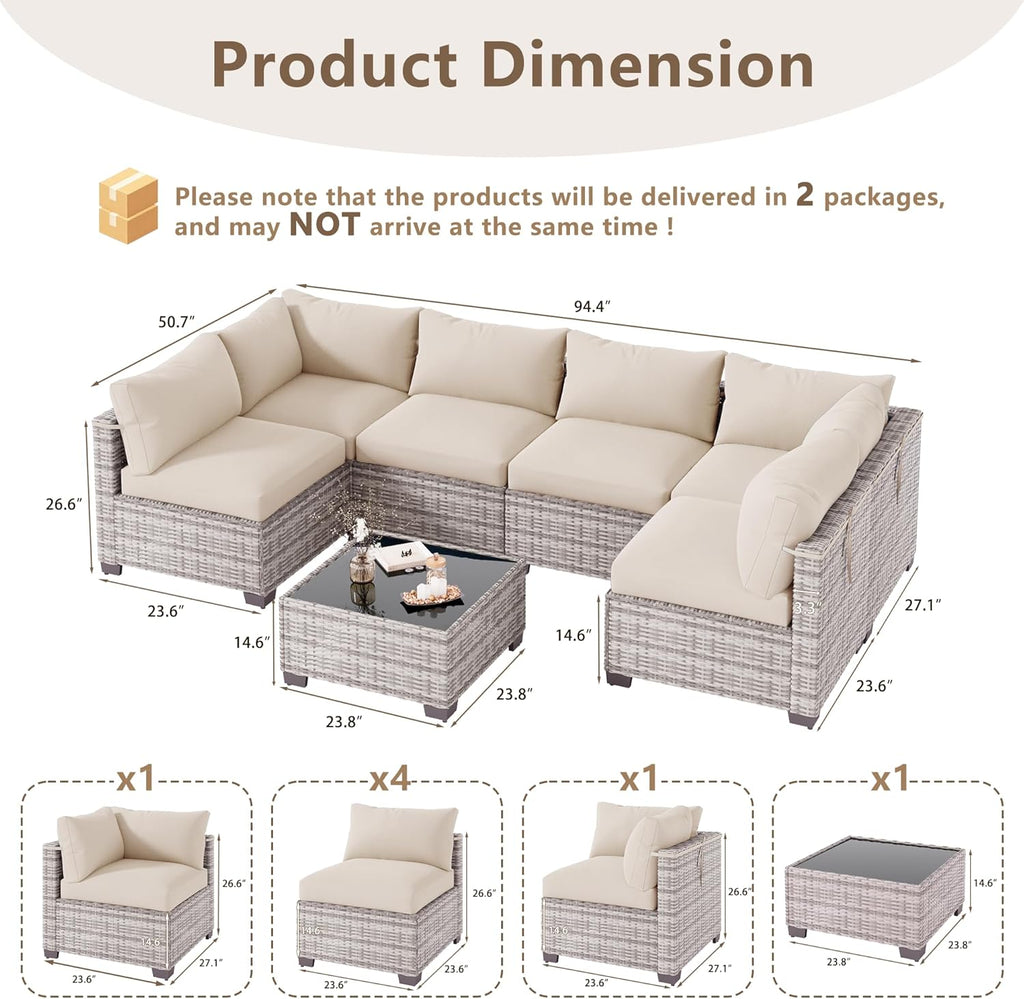 LOUVIXA 7 Piece Outdoor Patio Furniture Set, Outdoor Sectional Sofa, Wicker Rattan Patio Furniture, Patio Conversation Set with Coffee Table & Cushions