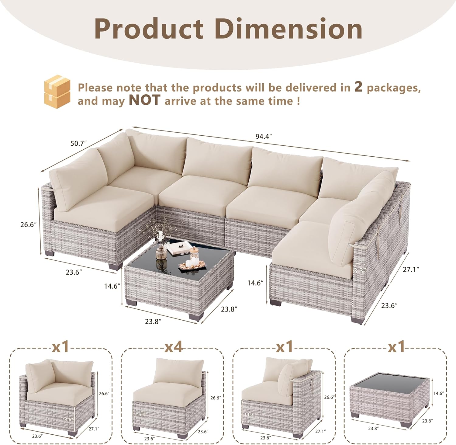 LOUVIXA 7 Piece Outdoor Patio Furniture Set, Outdoor Sectional Sofa, Wicker Rattan Patio Furniture, Patio Conversation Set with Coffee Table & Cushions
