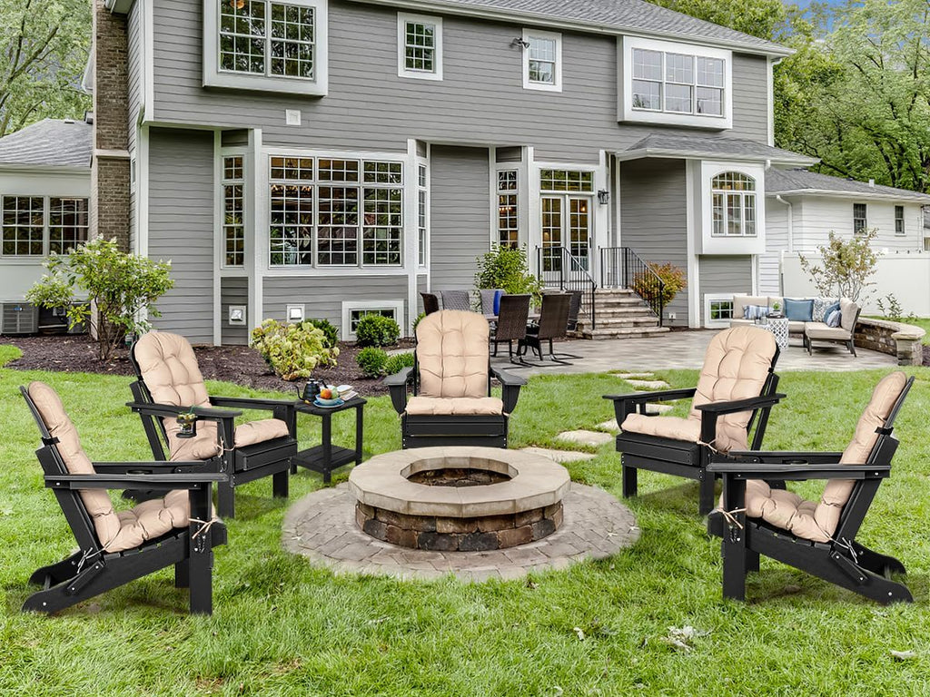 nalone Folding Adirondack Chairs Set of 2 with Cushions and Cup Holder, HDPE Plastic Oversized Patio Chair Weather Resistant, Used in Outdoor, Fire Pit, Deck, Garden, Campfire Chairs (Black)