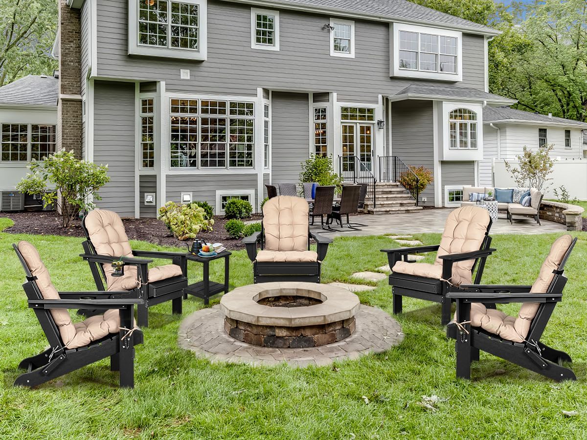 nalone Folding Adirondack Chairs Set of 2 with Cushions and Cup Holder, HDPE Plastic Oversized Patio Chair Weather Resistant, Used in Outdoor, Fire Pit, Deck, Garden, Campfire Chairs (Black)