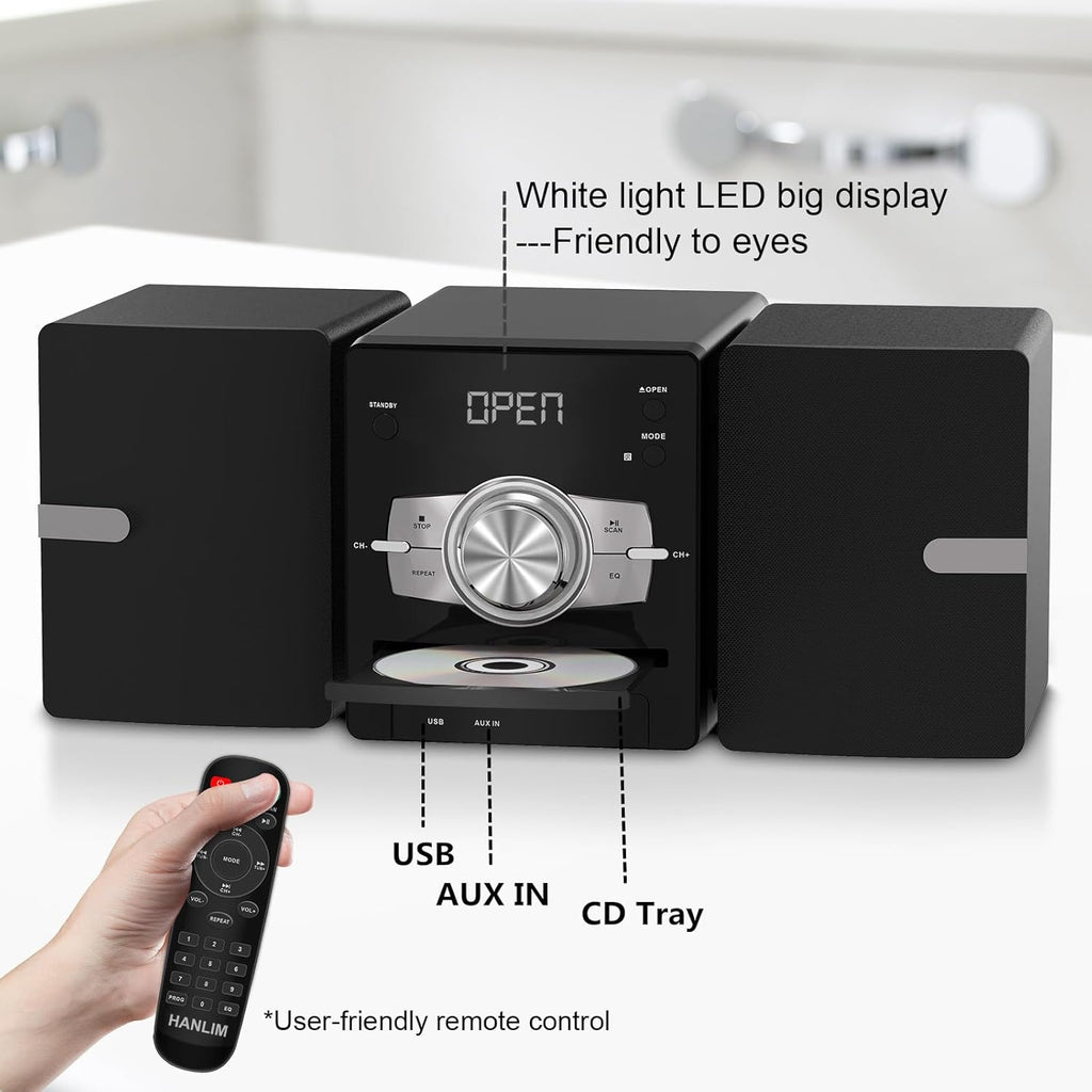 Home Stereo System with CD Player, FM Radio, Bluetooth, AUX in, USB in, Earphone Jack, Remote Control Included, 30W HiFi Shelf Stereo System