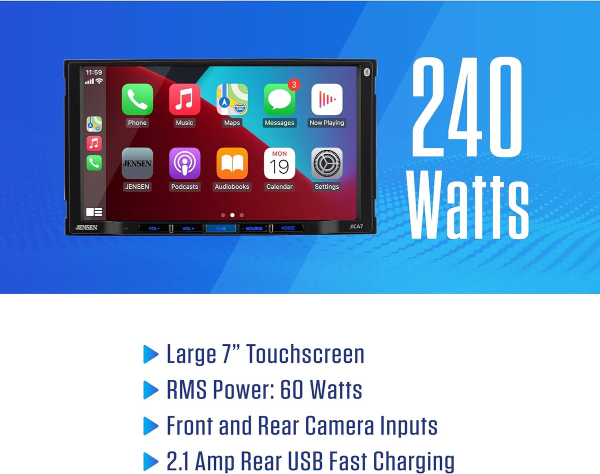 JENSEN J3CA7W 7-inch Certified Apple CarPlay Android Auto Wired or Wireless | Double DIN Touchscreen Car Stereo Radio | Bluetooth | Backup Camera Input | USB Playback & Charge