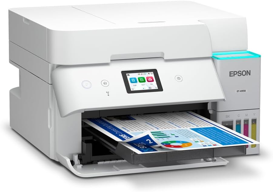 Epson EcoTank ET-4958 Wireless All-in-One Color Supertank Printer, Refillable Tanks, 2.4" Color Touchscreen, Auto Document Feeder, Auto Duplex Print/Copy, Scan, 250-Sheet Paper Tray – White