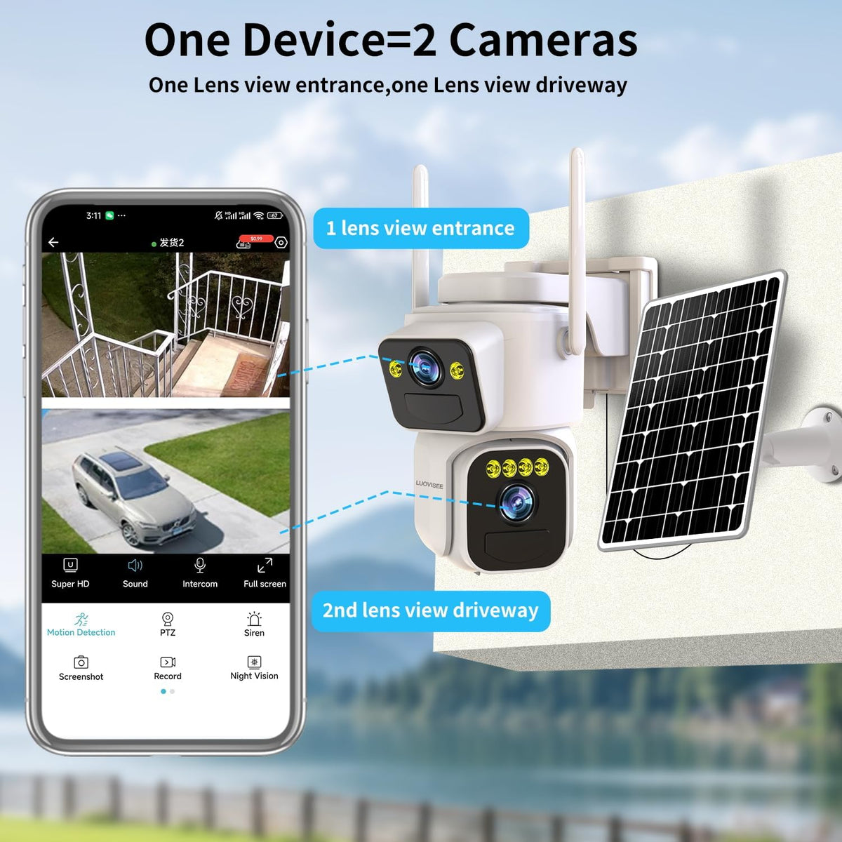 Luovisee Cameras for Home Security with Dual Lens,2.4G/5G WiFi Outdoor Camera Wireless Solar Powered,PIR Alarm,Color Night Vision,2-Way Audio,Cloud/SD Storage,No Month Fee(2 Pack)