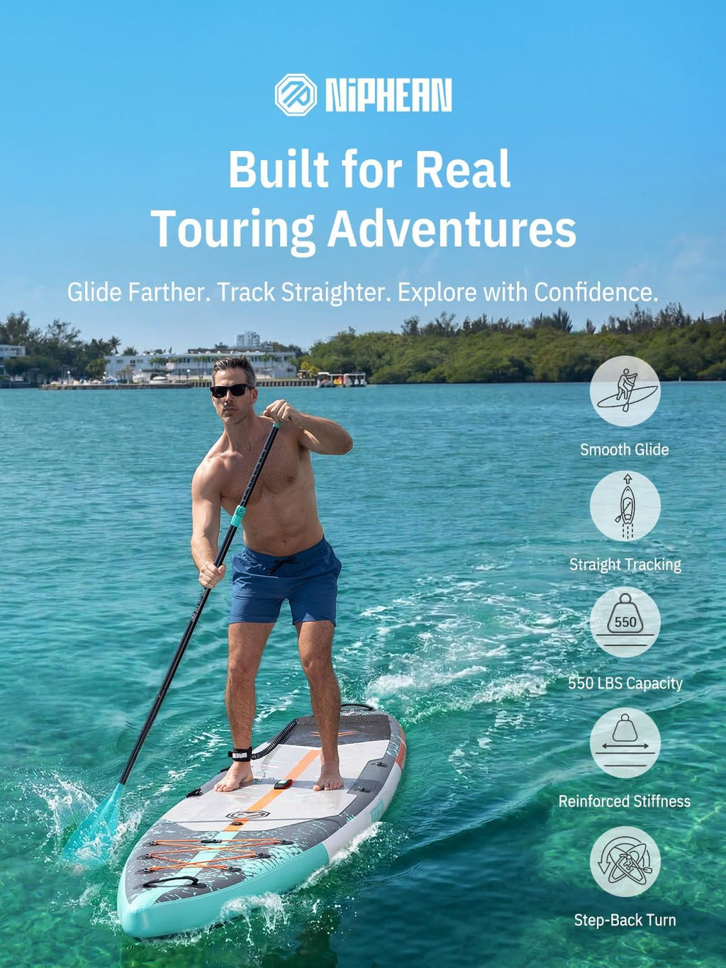 Niphean 12'6" Paddle Board, 550LB Capacity Touring Inflatable Paddle Board with Complete SUP Accessories& Kick Pad, Stable Stand up Paddle Board for Adults & Youth Racing Surfing (Beginner Friendly)