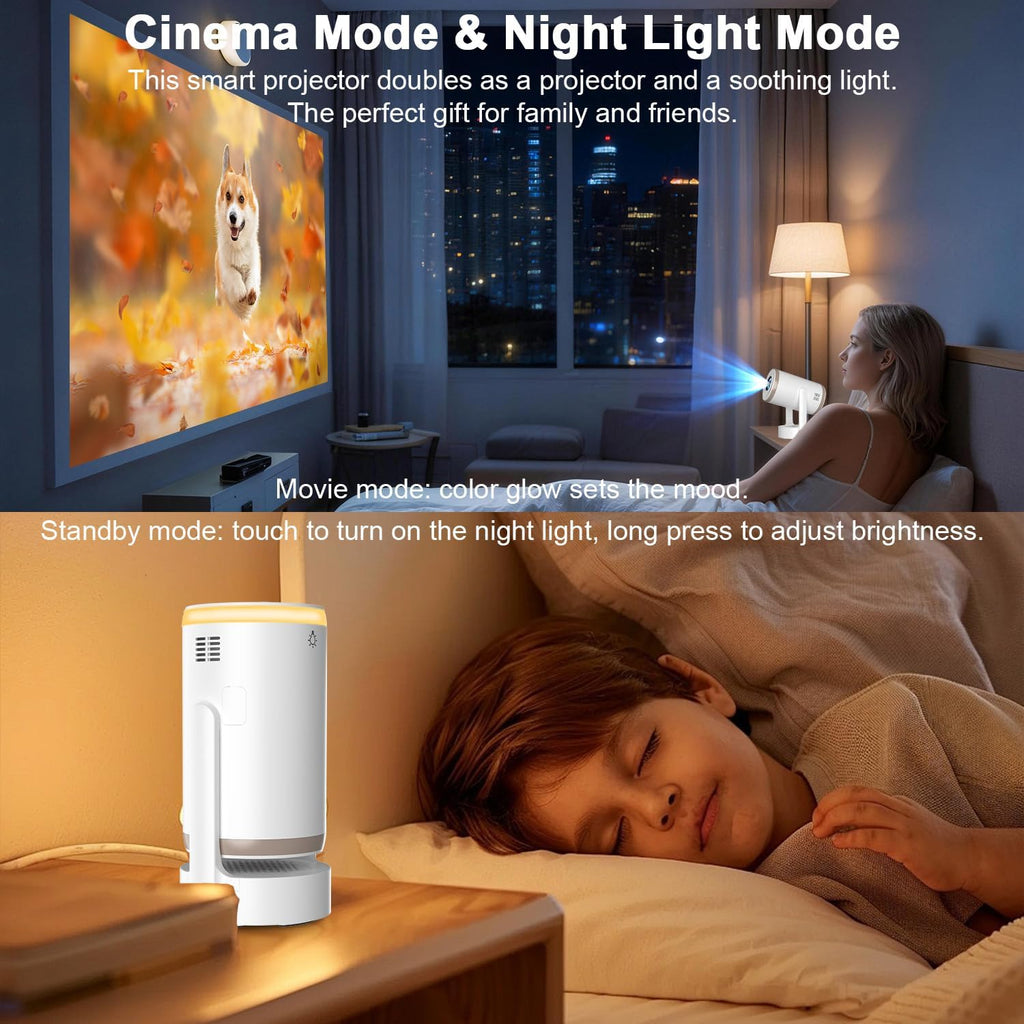 Built-in Apps 2-in-1 Portable Projector & LED Night Light, Smart Projector with WiFi and Bluetooth, Supports 4K/1080P, Electric Focus/Enhanced Speaker, Home Movie Projector for Bedroom