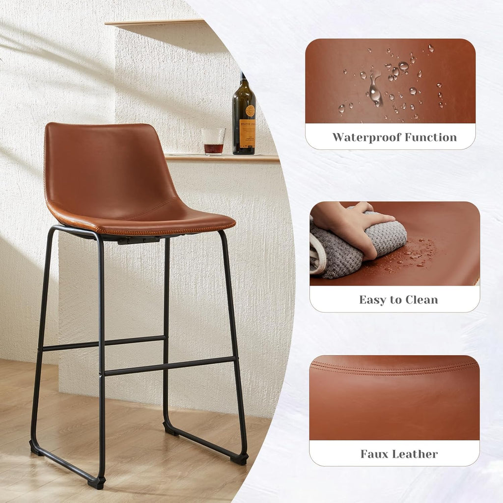 DUMOS Counter Height Bar Stools Set of 4, 30 inch Height Stool Faux Leather Barstools with Back, Armless Kitchen Island Countertop Comfortable Modern Chairs with Metal Legs, Warm Brown