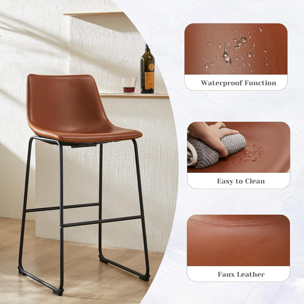 DUMOS Counter Height Bar Stools Set of 4, 30 inch Height Stool Faux Leather Barstools with Back, Armless Kitchen Island Countertop Comfortable Modern Chairs with Metal Legs, Warm Brown