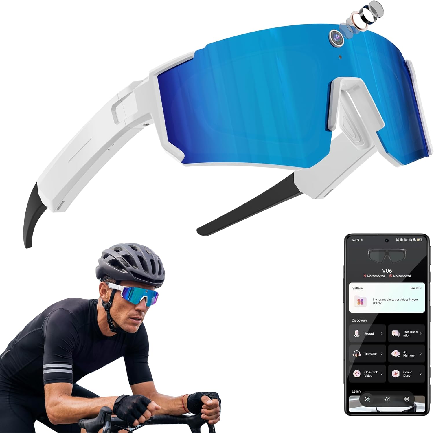Sport AI Smart Glasses with Camera and EIS Stabilization, Bluetooth 8MP HD Camera 1200P Video Recording, AI Voice Assistant Photo Recognition, Real-Time Translation, Polarized Lenses Sunglasses