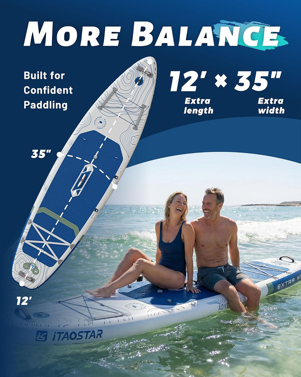 iTAOSTAR Adventure 12' × 35"/39" Inflatable Stand Up Paddle Board with Seat, Extra Wide SUP Board with 5 Fins Stable Design for Adults, Youth, All Skill Levels, Lakes, Oceans & Fishing