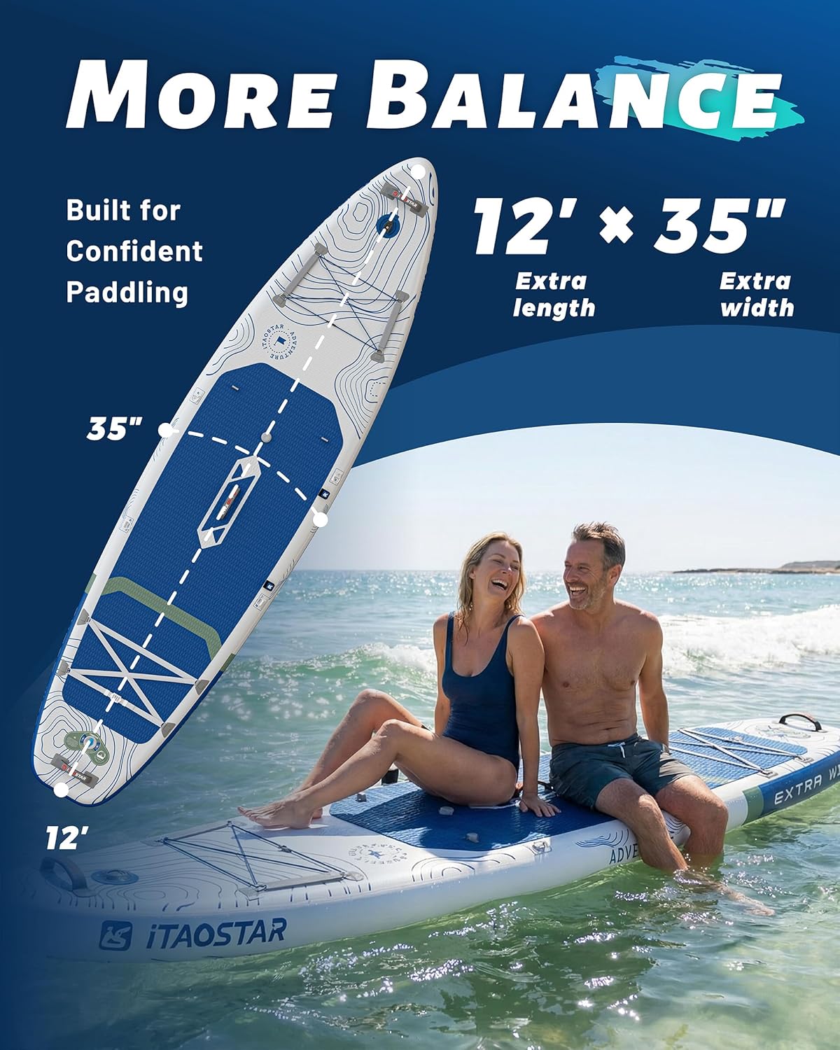 iTAOSTAR Adventure 12' × 35"/39" Inflatable Stand Up Paddle Board with Seat, Extra Wide SUP Board with 5 Fins Stable Design for Adults, Youth, All Skill Levels, Lakes, Oceans & Fishing