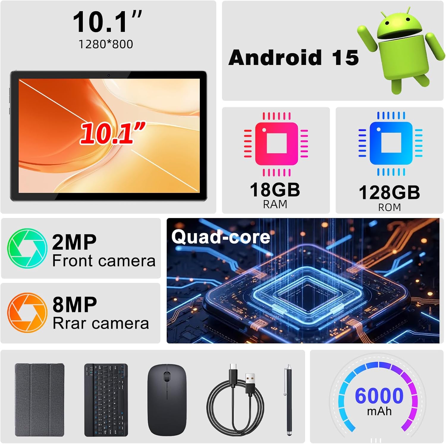Tablet Android 15 10 Inch 18GB RAM+128GB ROM/ 2TB Expandable Tablet, 1280 * 800 HD Touch Screen, 5G WiFi6 BT 5.0, 2 in 1 Tablets with Keyboard Case Mouse Stylus (Black)