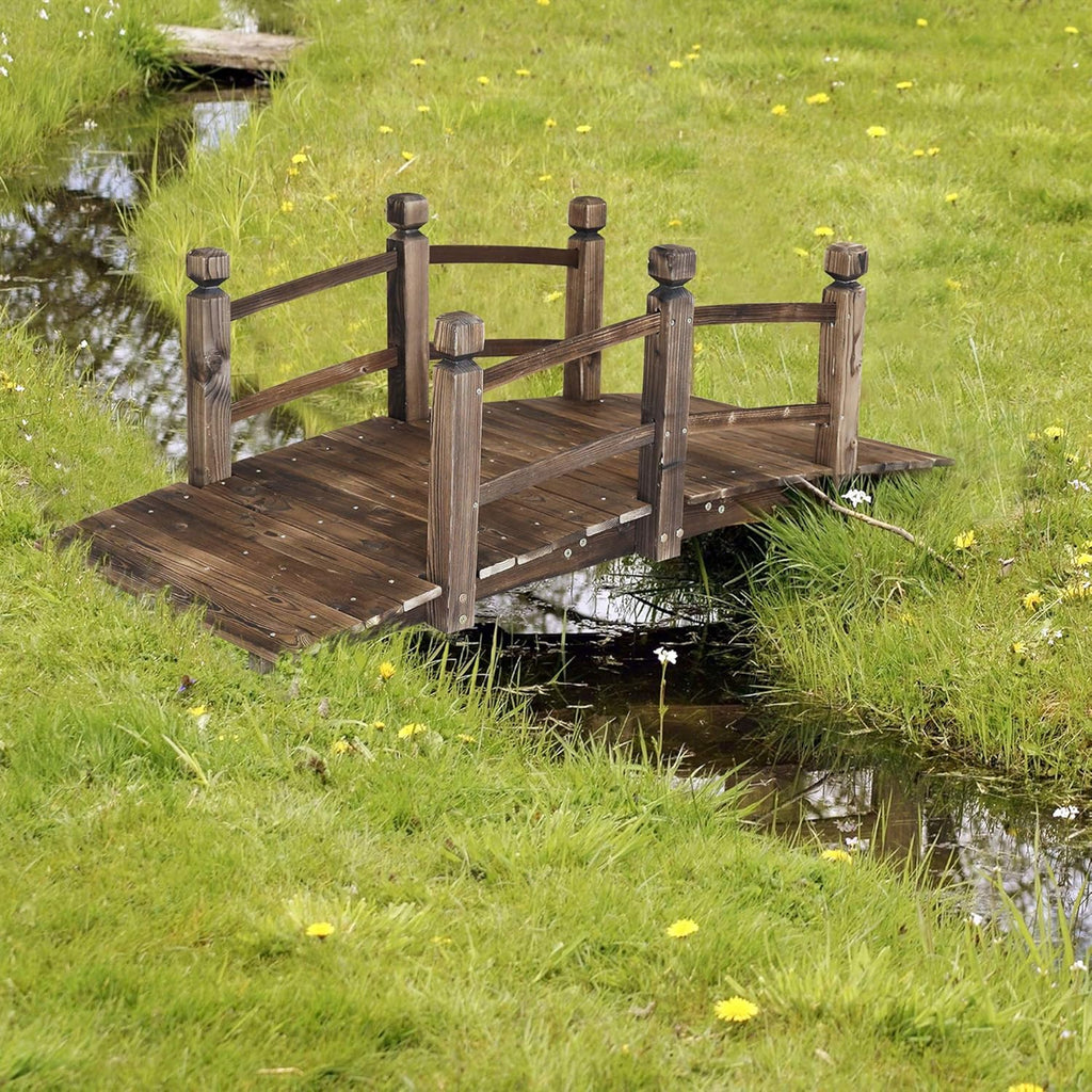 5FT Wooden Garden Bridge Arch Stained Finish Footbridge Decorative Backyard Bridge with Double Safety Railings Outdoor Lawn Pond Bridge Walkway for Garden Yard Patio Courtyard Farm Stream Creek