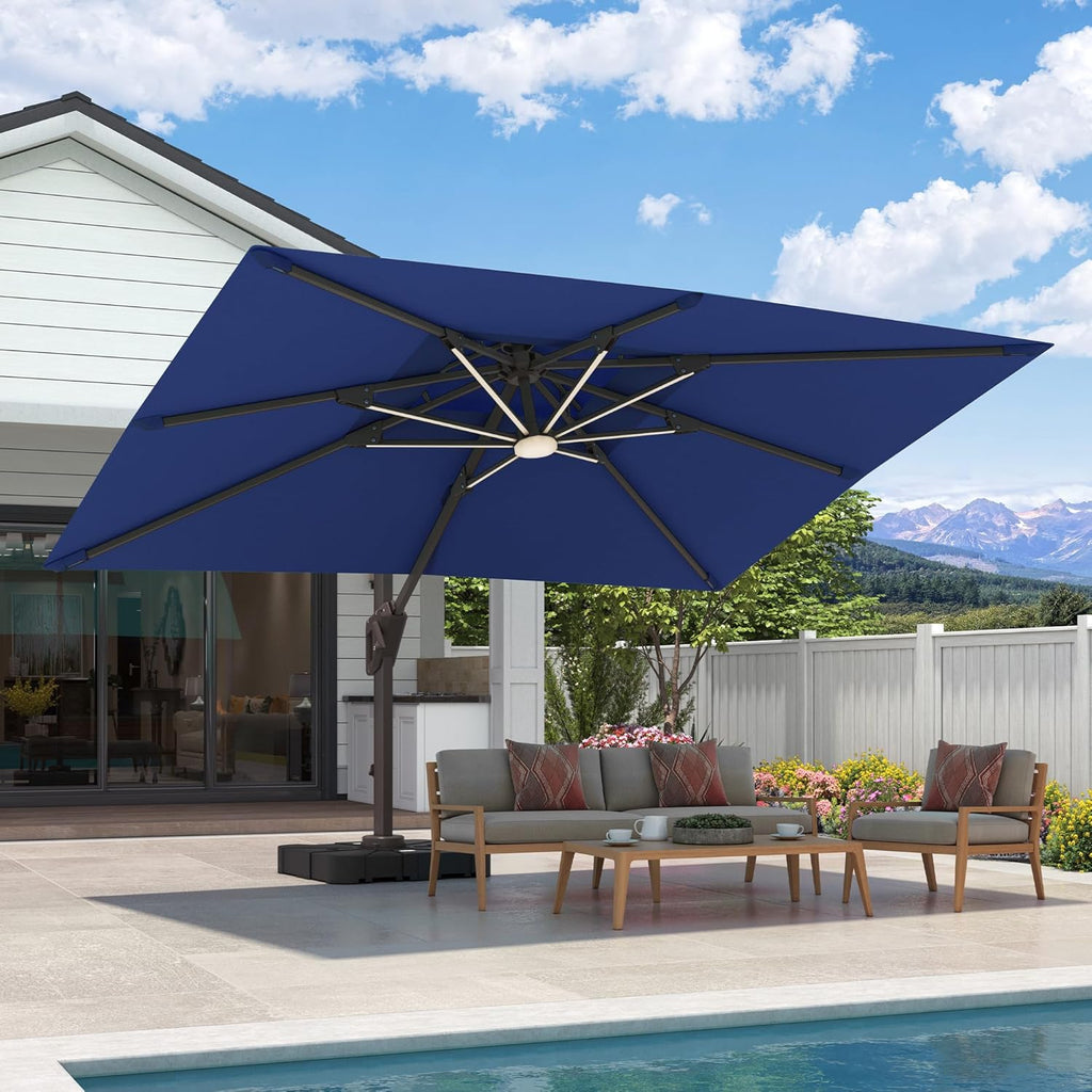 9x12 FT Cantilever Patio Umbrella with Led Lights Double Top Outdoor Rectangular Large Heavy Duty Aluminum Offset Umbrellas with 7 Level Tilt 360-degree Rotation for Pool Garden Deck, Navy